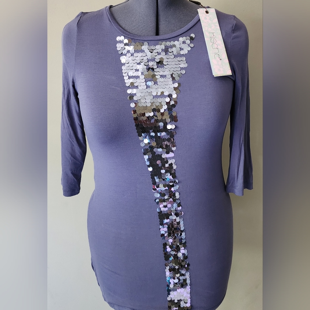 Kische Purple Sequin Fitted Blouse 3/4 Sleeve